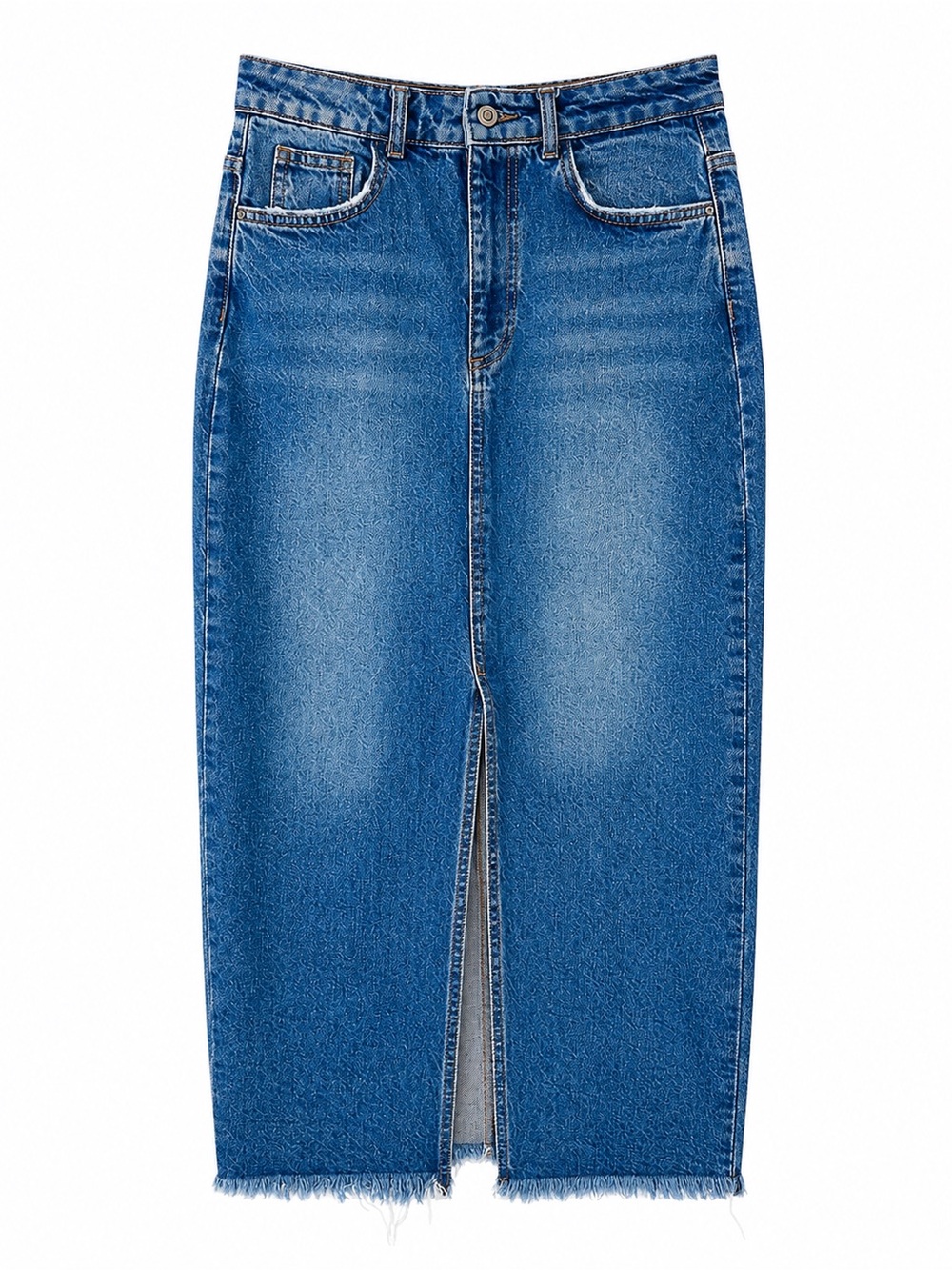 Zara Midwash Blue Denim Maxi Skirt with Front Center Slit M Raw Hem Western Chic